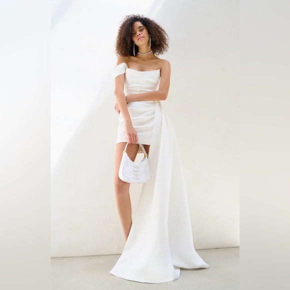 SAU LEE Brenda Mini Dress Elegant White Off-Shoulder with Draped Side Bridal 0 - Picture 7 of 14